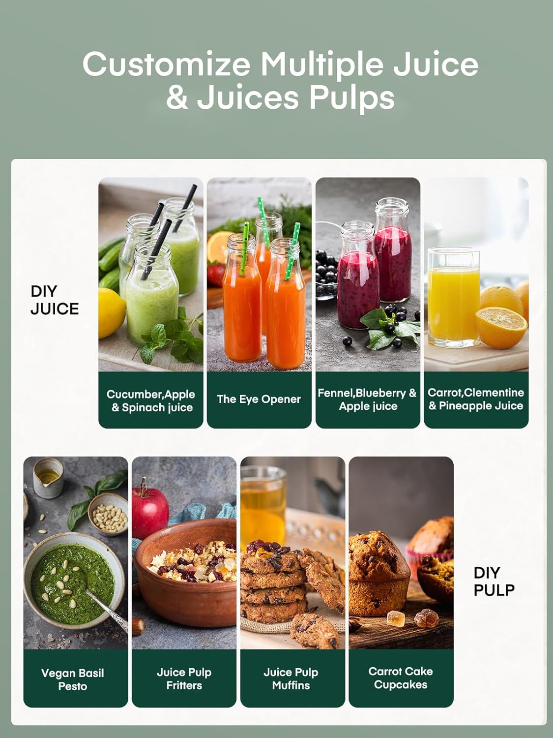 Juicer Machines, Juilist 3" Wide Mouth Juicer Extractor, for Vegetable and Fruit with 3-Speed Setting, 400W Motor, Easy to Clean, Green