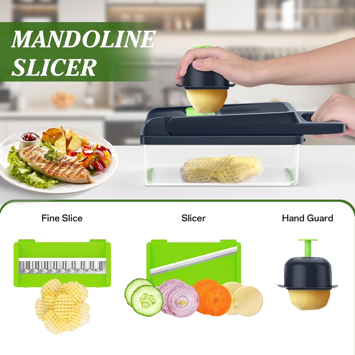 HomeHacks Vegetable Chopper Vegetable Cutter, 12 in 1 Multi-Functional Kitchen Gadget Set - Dicer, Slicer, Cutter, Julience, Cheese Grater, Egg Separator, Hand Guard - Veggie Chopper Lid with Handle