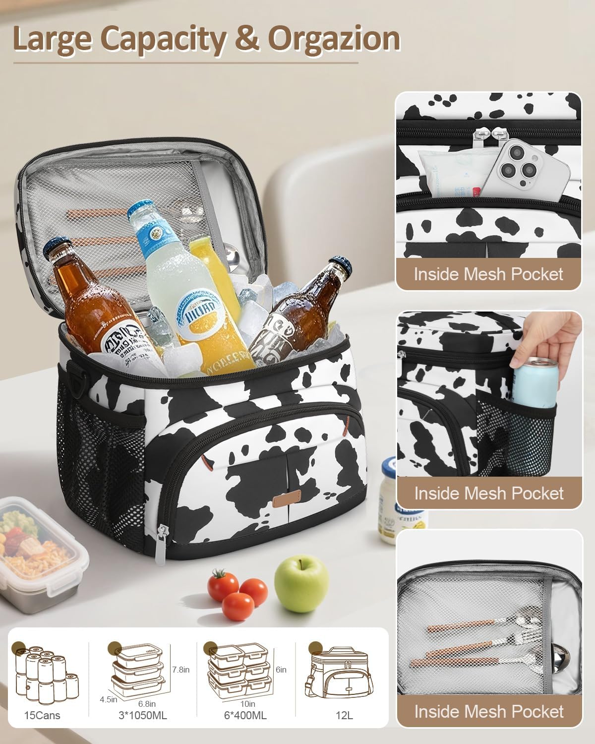 Lunch Box for Man Women, Insulated Lunch Bag Cooler Bag Leakproof Lunchbox Lunch Tote Bags with Removable Strap for Work School Picnic Travel (Cowprint/12L