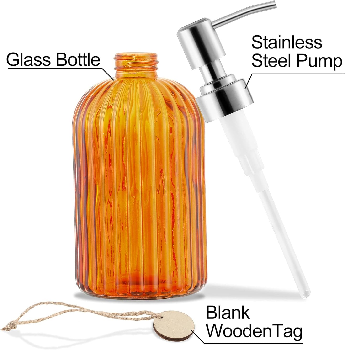 16 OZ Soap Dispenser，Tempered Glass Clear Vertical Stripe with 304 Rust Proof Stainless Steel Pump Refillable Liquid Hand Soap Dispenser，for Bathroom, Kitchen, Dish Soap，Lotion (Orange)