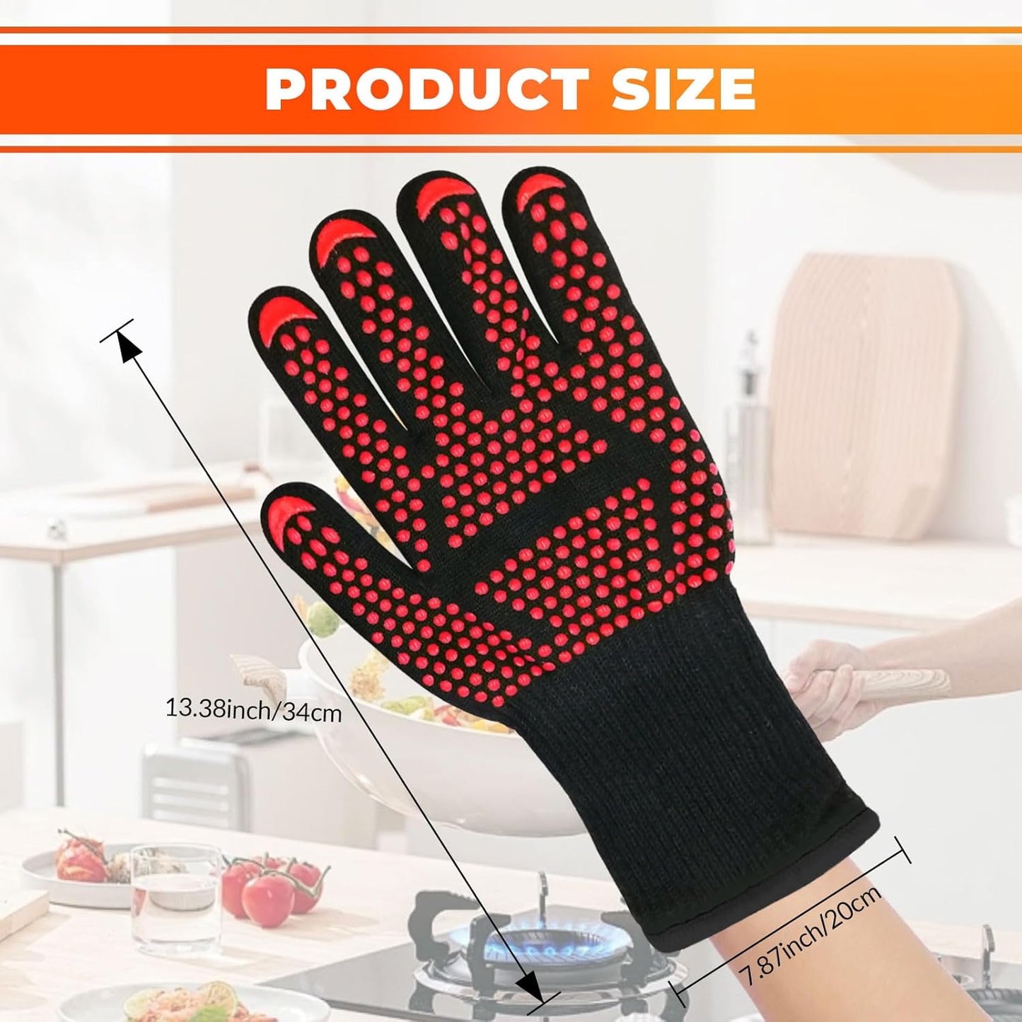 1 Pair Grill Oven Mitts, 1472°F Heat Resistant BBQ Gloves for Cooking, Non-Slip Silicone Oven Gloves, Barbecue Grill Gloves BBQ Mitts (Red-Arrow Pattern)
