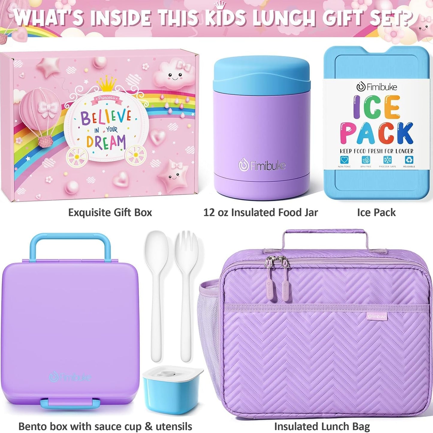 Fimibuke Kids Bento Snack Lunch Box with 4 Compartment, Insulated Bag, Stainless Steel Vacuum Thermos Food Jar, Ice Pack, Utensils Set, Birthday Gift for Age 3-12 Back to School Toddler Girl Boy Adult