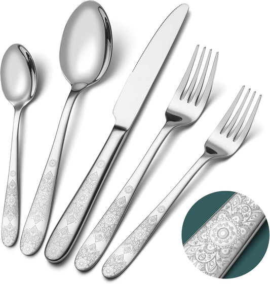 40 Piece Flatware Set, Service for 8, EIUBUIE Premium Stainless Steel Cutlery Set, Mirror Polished Silverware Sets with Pattern Handle, Modern Kitchen Eating Utensils Sets
