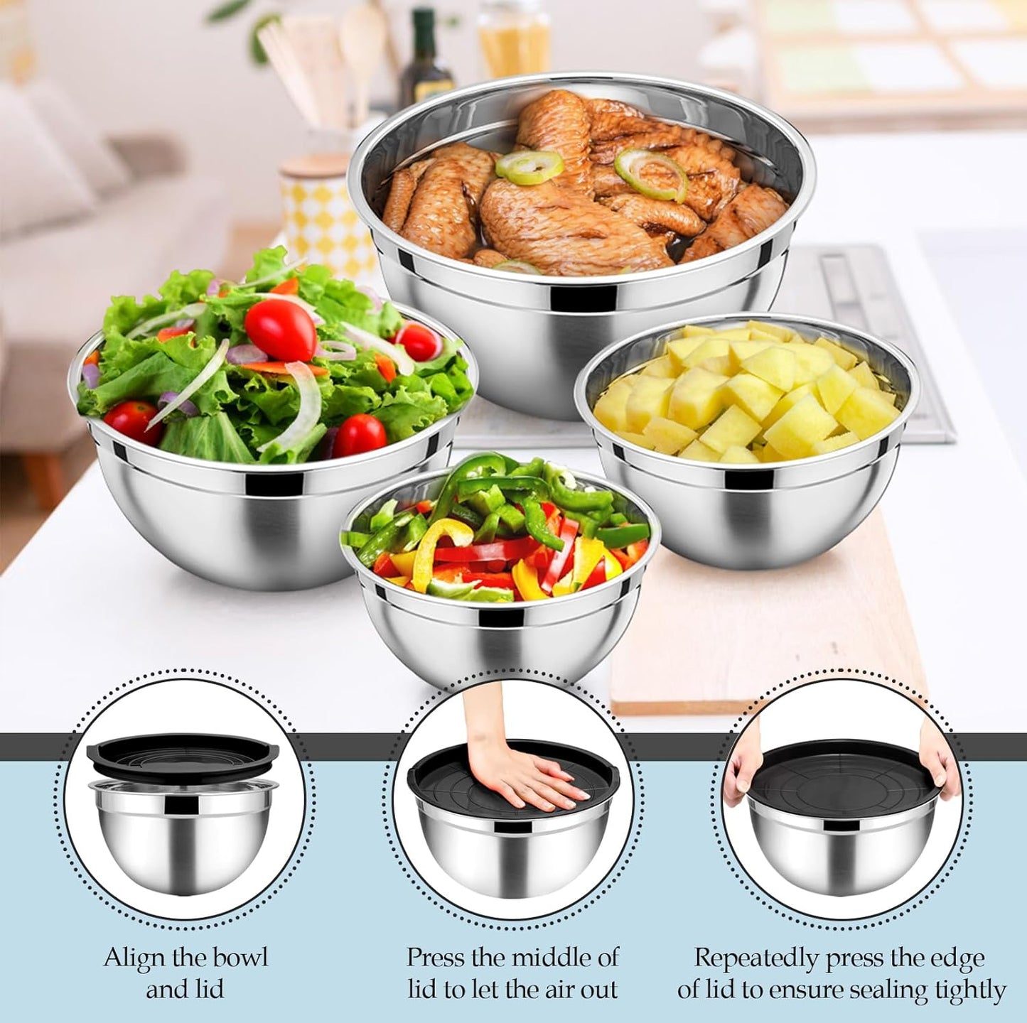 TeamFar Mixing Bowls Set of 6, Stainless Steel Nesting Mixing Salad Bowl with 3 Grater Attachments, for Food Cooking Prepping Storing, Black - Size 4.6/2.6/2 / 1.5/1 / 0.7 QT