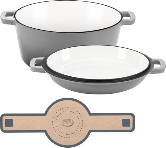 E-far 5 Quart Enameled Cast Iron Dutch Oven, 2 in 1 Dutch Oven Pot with Skillet Lid and Silicone Bread Sling, Ideal for Bread Baking, Cooking, Stewing, Frying, Induction & Oven Safe - Grey
