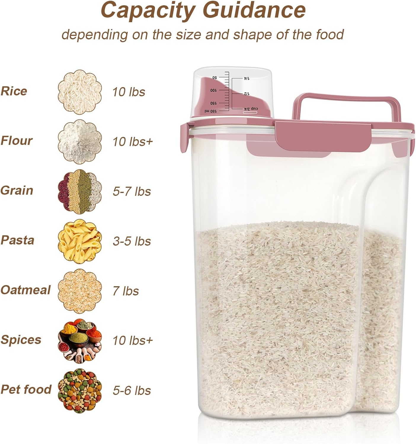 Rice Storage Container, Cereal Containers Storage, Dry Food Airtight Dispenser BPA Free, Clear Plastic Kitchen and Pantry Organization Bin (1, Rose pink, 5.28Qt)