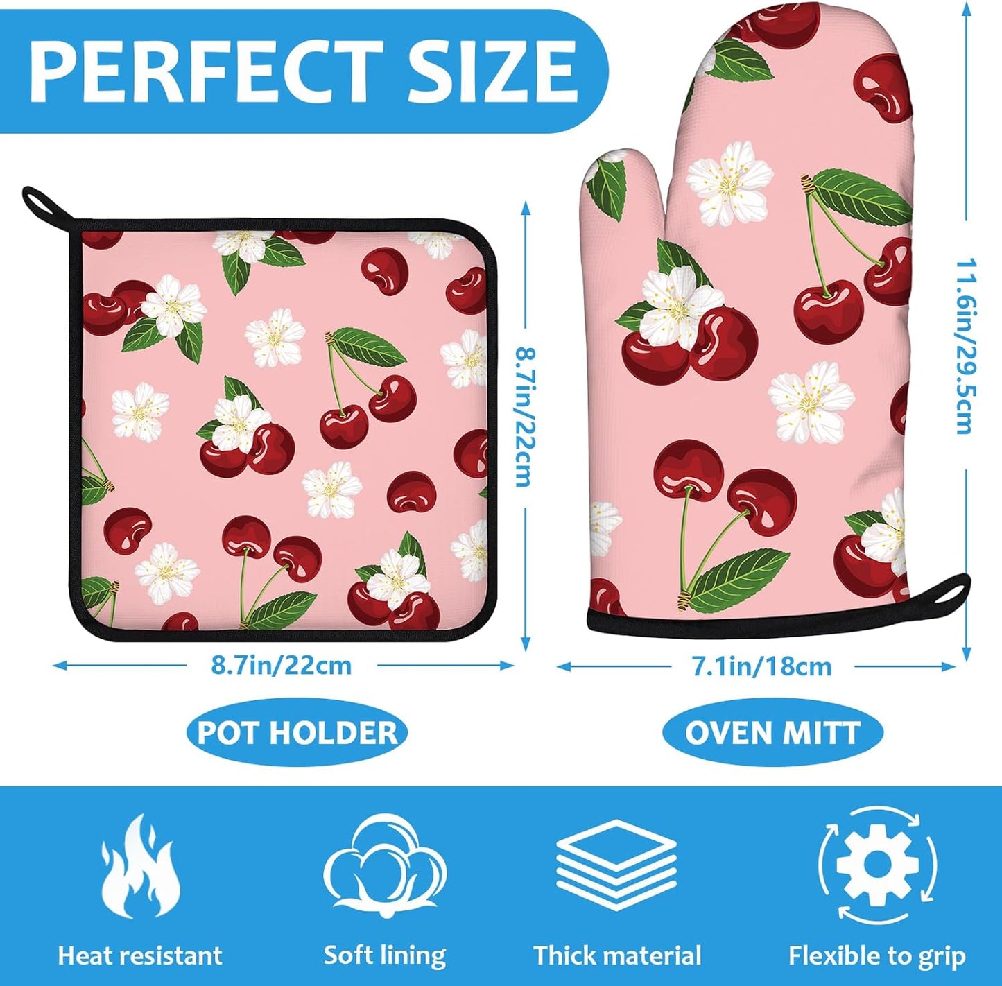 Cherry Oven Mitts and Pot Holders Sets Heat Resistant 4Pcs White Flower Potholders Oven Gloves Hot Pads for Kitchen Baking Cooking Grilling BBQ