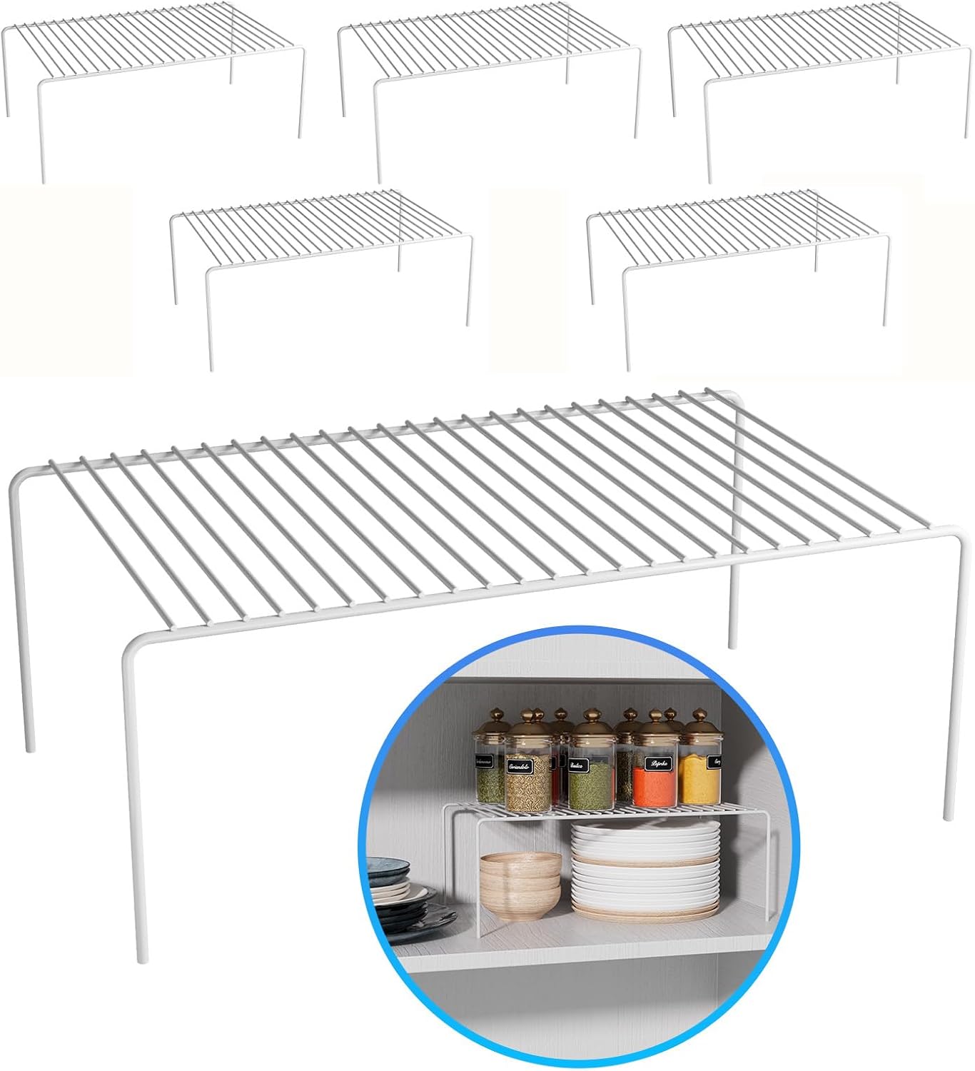 Large(15.7 x 9.4 inch)White Cabinet Storage Shelf Rack Set of 6, Rustproof Metal Wire Kitchen Counter Organizers and Storage, Spice Organization for Cabinet, Plate, Dish, Pantry, Bathroom, Fridge