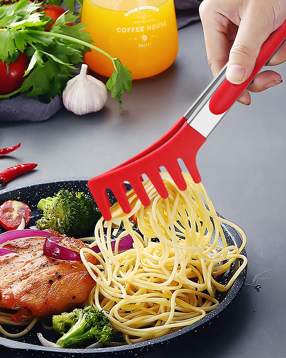 Spaghetti Spoon and Pasta Tong, Non-stick Silicone Spoon Server Fork with teeth and Stainless Steel Handle Spaghetti Tong, Food Clip for Spaghetti Noodle (RED)