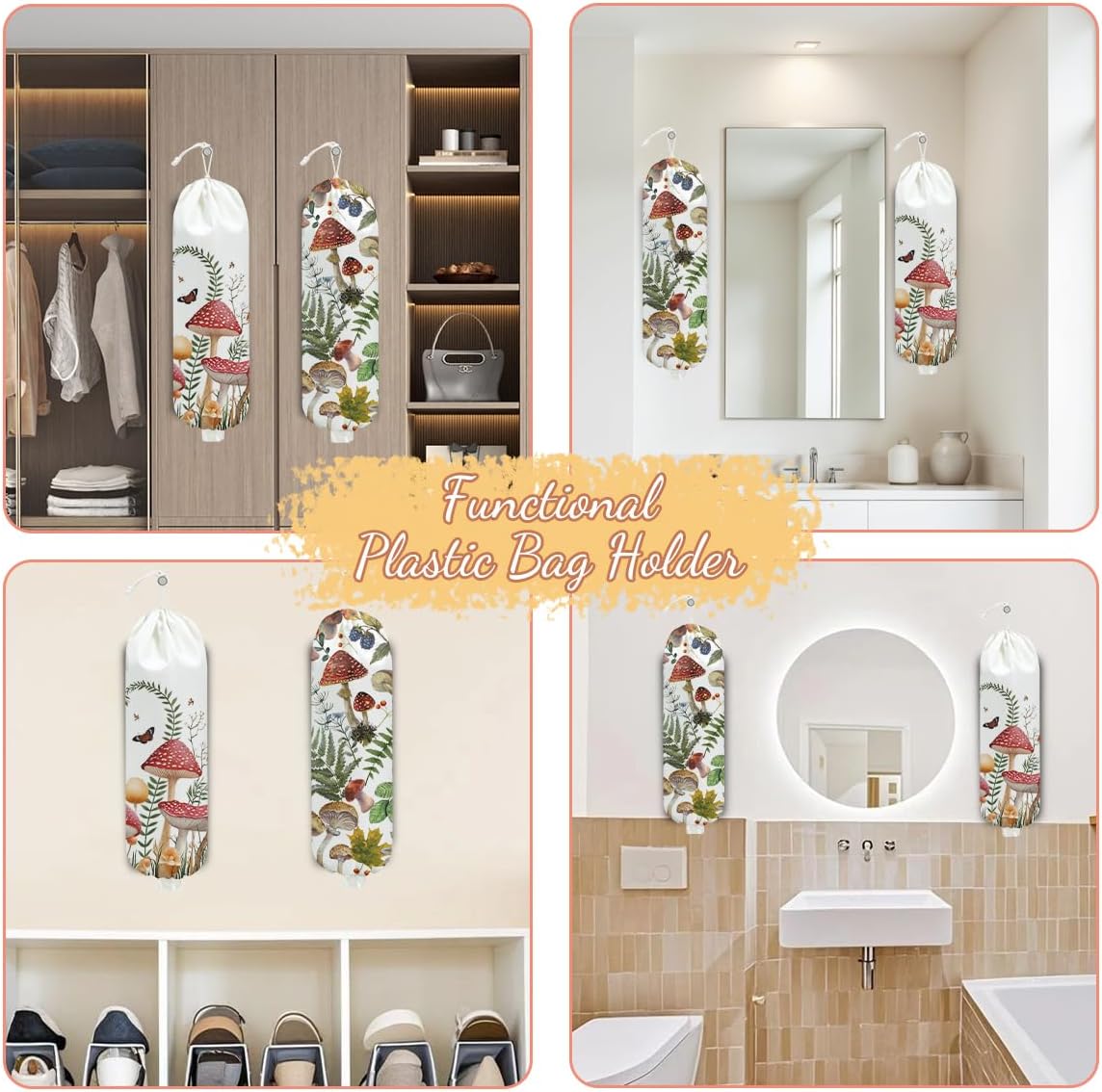 2 Pcs Mushroom Plastic Bag Holder for Kitchen Essentials, Floral Butterfly Grocery Bag Holder Plastic Storage bag, Washable Shopping Bags Storage Dispenser for Home Kitchen, Mushroom Gifts for Women