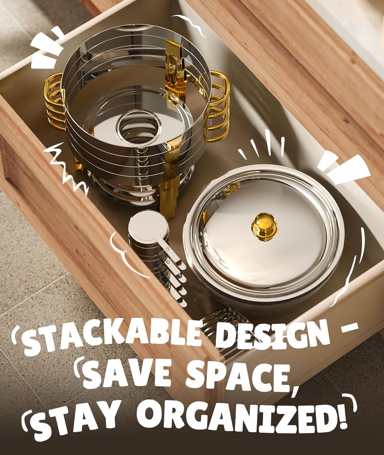 Chafing Dishes for Buffet 4 Pack, 6QT [Worry-Free Assemble] Food Warmers for Parties Buffet [Elegant Gold and Silver Colors] Stainless Steel Round Chafing Dish Buffet Set with Complete Set