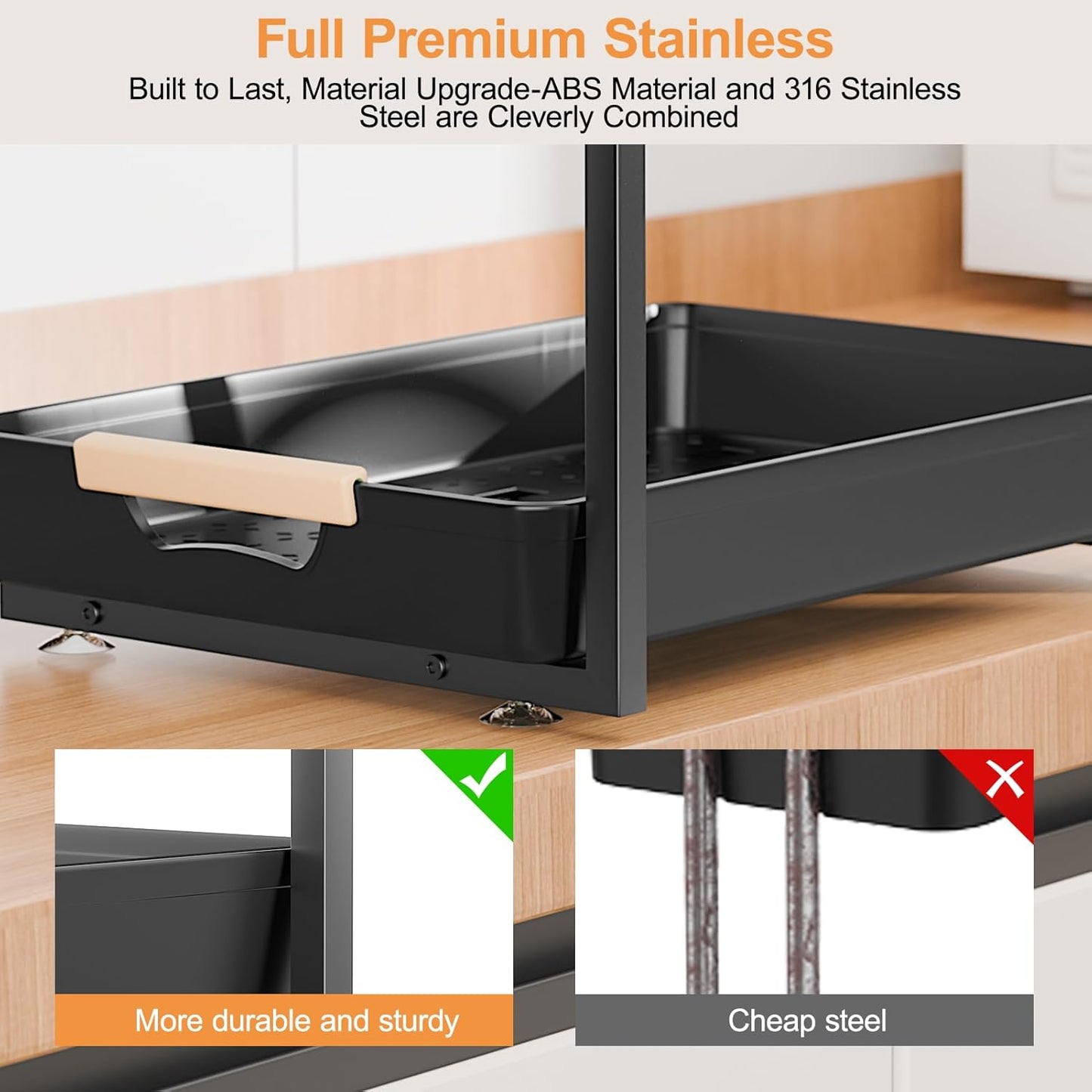 2 Pack Under Sink Organizer Pull 0ut, 3 Height Adjustable Under Kitchen Sink 0rganizer and Storage Black, 2 Tier Double Sliding Drawer Cabinet Organizer for Kitchen Bathroom Pantry