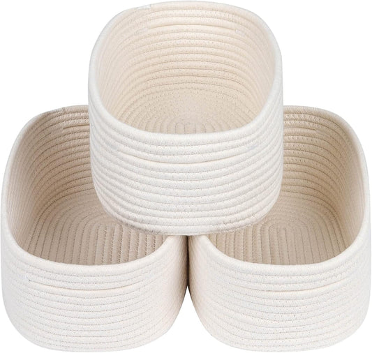 CubesLand Off White Small Storage Baskets for Shelves, Closet Organization Storage Bins Empty Gift Basket Baby Nursery Woven Baskets for Organizing, Rectangular Clothes Closet Shelves Baskets 3 Packs