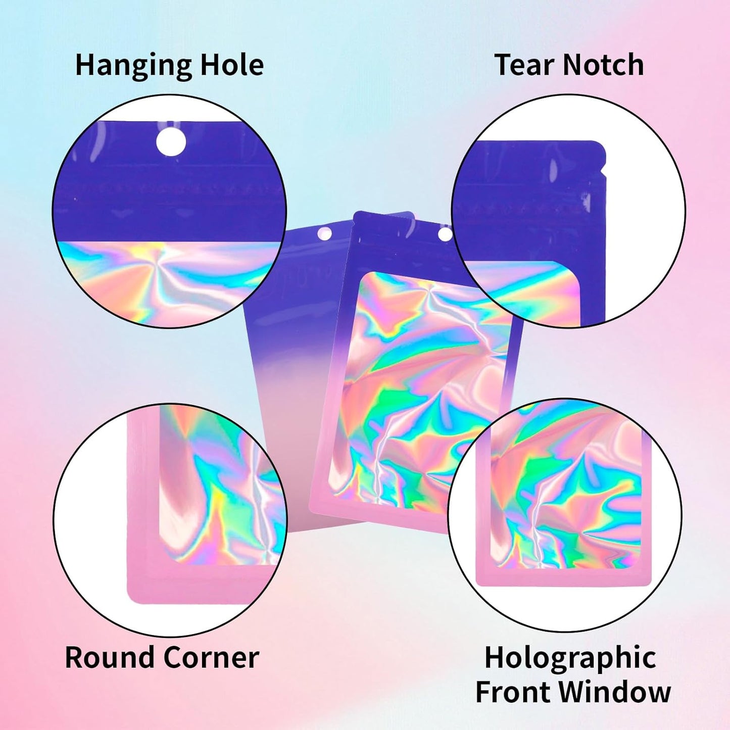 200 Pack Resealable Mylar Holographic Bags Food Storage Smell Proof Bags with Front Window Foil Packaging Pouch for Candy Sample Jewelry Small Business 3.15×5.51 Inch, Blue Fade Purple