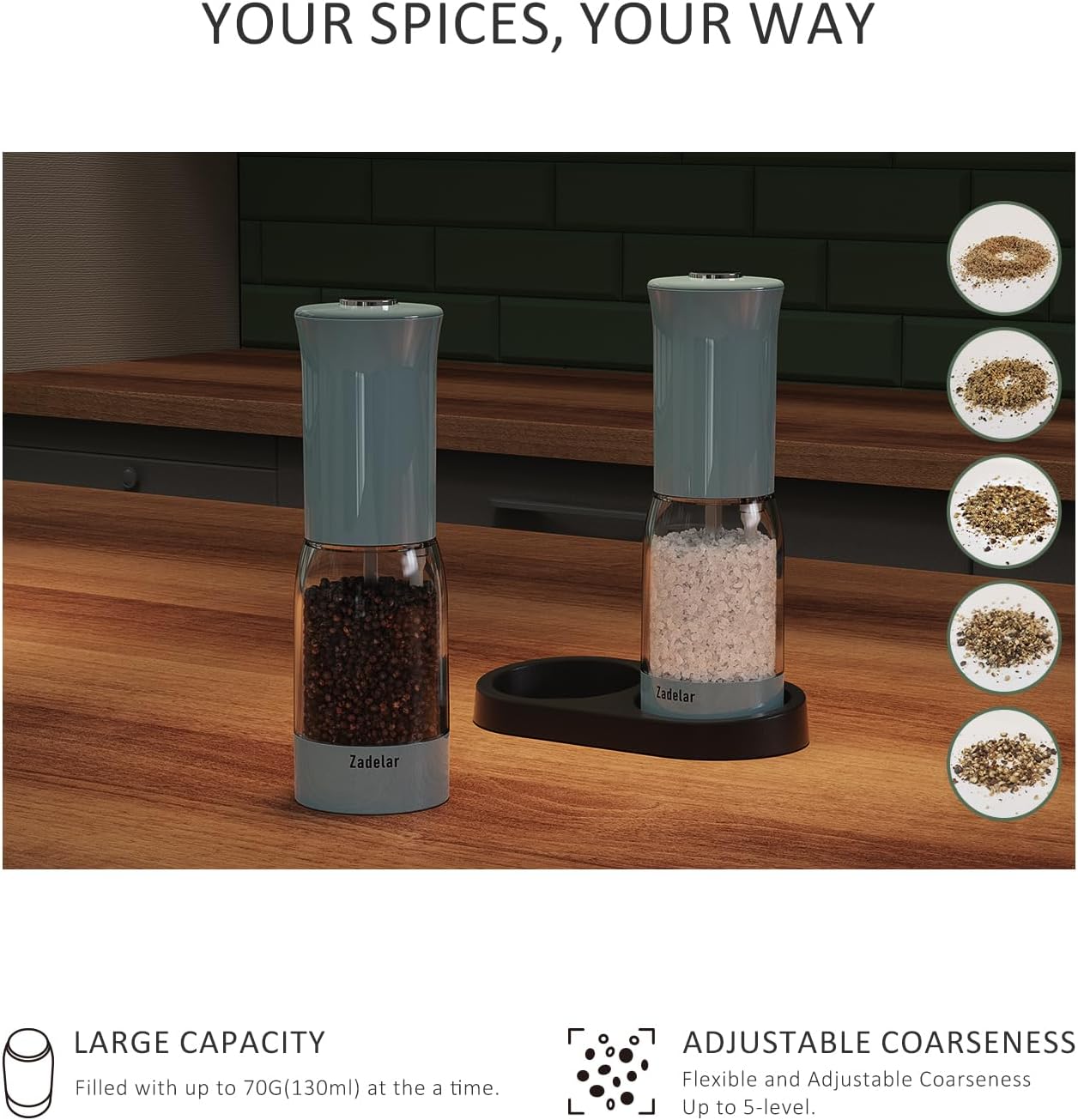 Salt and Pepper Grinder Set with LED Power Display,Larger Capacity Salt and Pepper Shakers Set Electric Rechargeable with Flexible Coarsenes,LED Light,One Hand Operation for Kitchen(Blue)