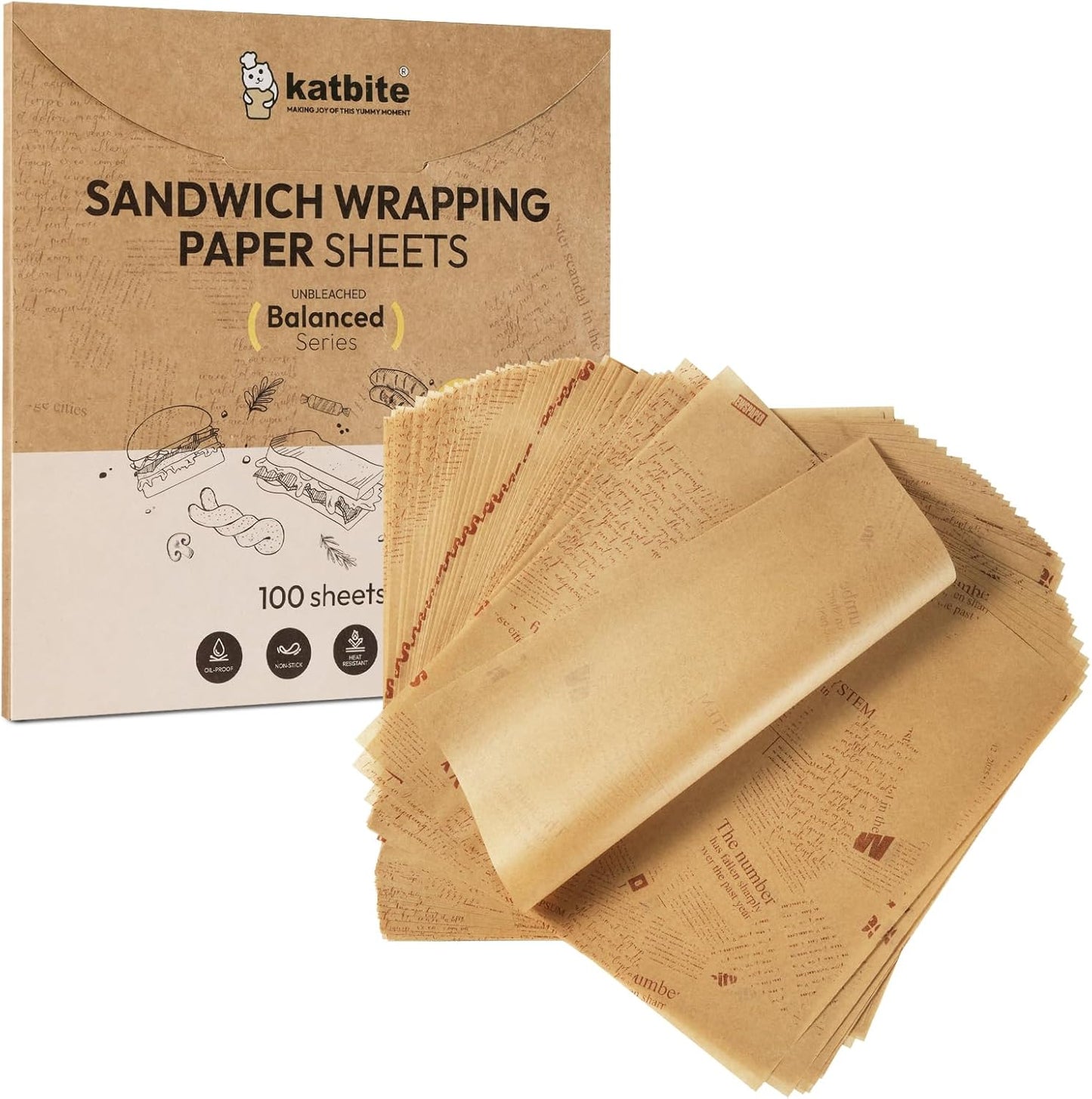 Katbite 100Pcs 12 In Food Wrapping Paper, New Pattern Heavy duty Deli Paper, Greaseproof & Non-stick Parchment Paper, Pre-cut Unbleached Parchment Paper is Perfect for Wrap Bread, Burger and Sandwich