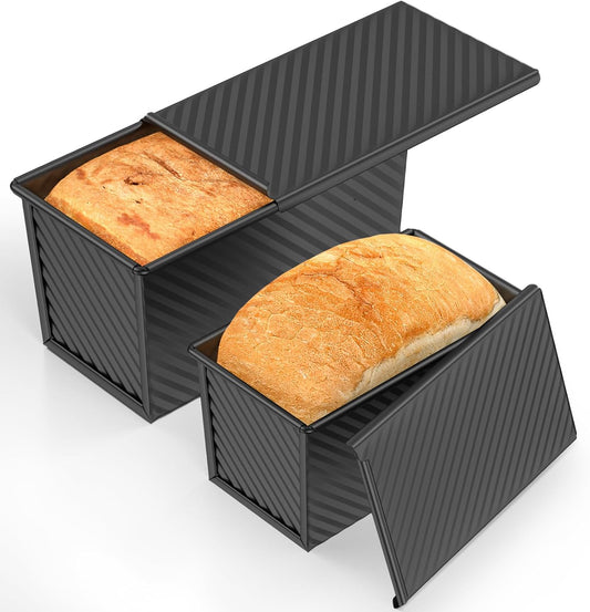 2 PCS Pullman Loaf Pan with Lid, 1.2Lb & 0.67 Lb Dough Capacity Non-Stick Bread Pans for Homemade Bread, Carbon Steel Bread Loaf Pans, Bakeware for Baking Sandwich and Toast, Black