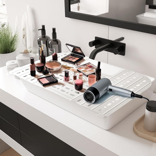 IeBilif Bathroom Sink Cover for Counter Space, Foldable Sink Covers, Makeup Organizer Mat Space Saver with Hanging Loop, Silicone Makeup Brush Cleaner Mat for Bathroom(White)