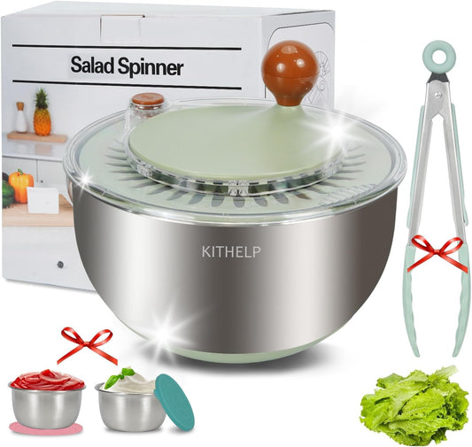 Stainless Steel Salad Spinner Large, Vegetables Fruits Wash Bowl with Strainer, Lettuce Spinner Dryer for Efficient Salad Preparation 5.3Qt