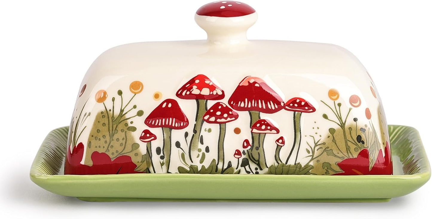 Fungi Fun Mushroom Butter Dish With Lid – Cute Cottagecore Ceramic Storage Container, Vintage French Covered Tray, Boho Farmhouse Kitchen Decor Gift, Unique Countertop Holder (White, Standard)