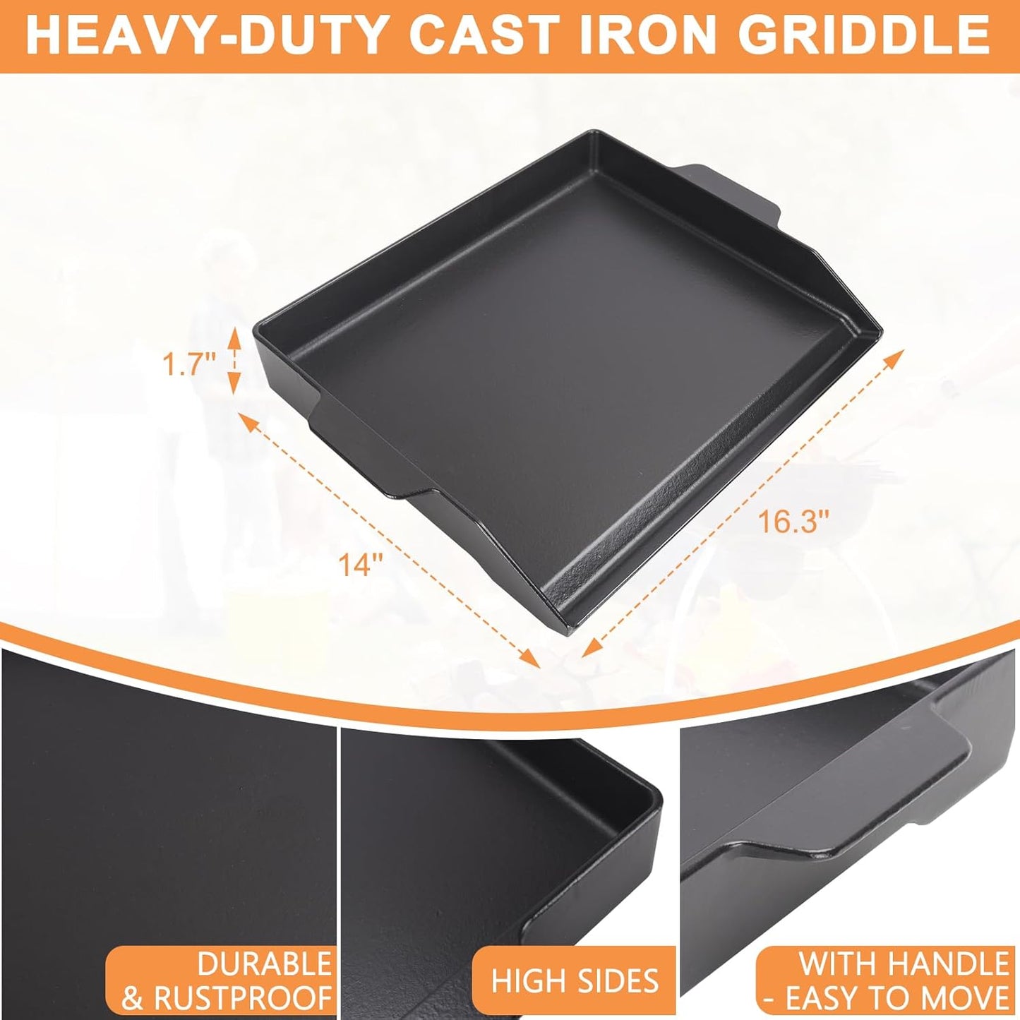 Universal Flat Top Griddle, Cast Iron BBQ Griddle for Electric/Gas/Charcoal Grill/Stove, 18.6 x14" Griddle Inserts for Weber Charbroil Camp Chef,Nonstick Coating Cooking Skillet Pan for Outdoor
