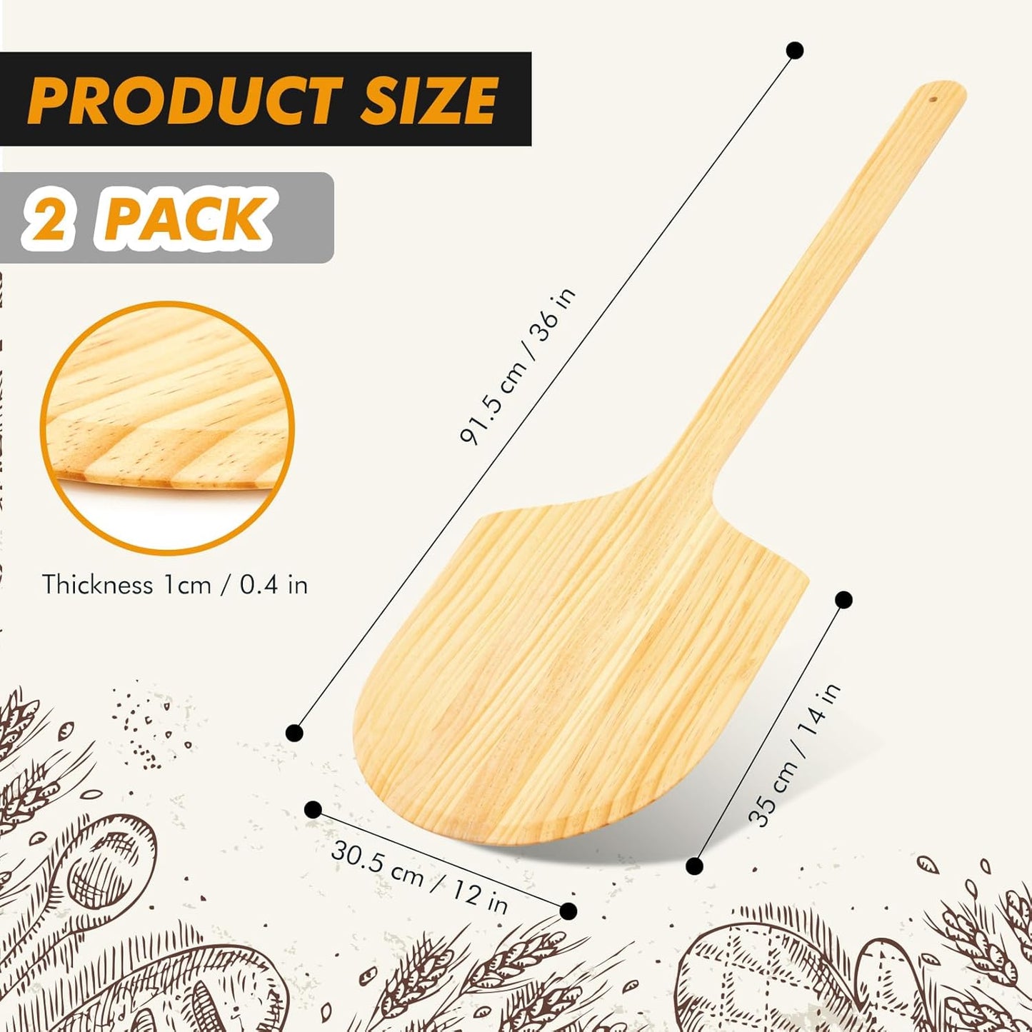 2 Pack Wooden Pizza Peel, 14" L x 12" W Plate, with 22" L Wooden Handle, 36" Overall Length for Oven, Stone, Pan or Grill, Spatula for Baking Bread and Cake - Indoor & Outdoor
