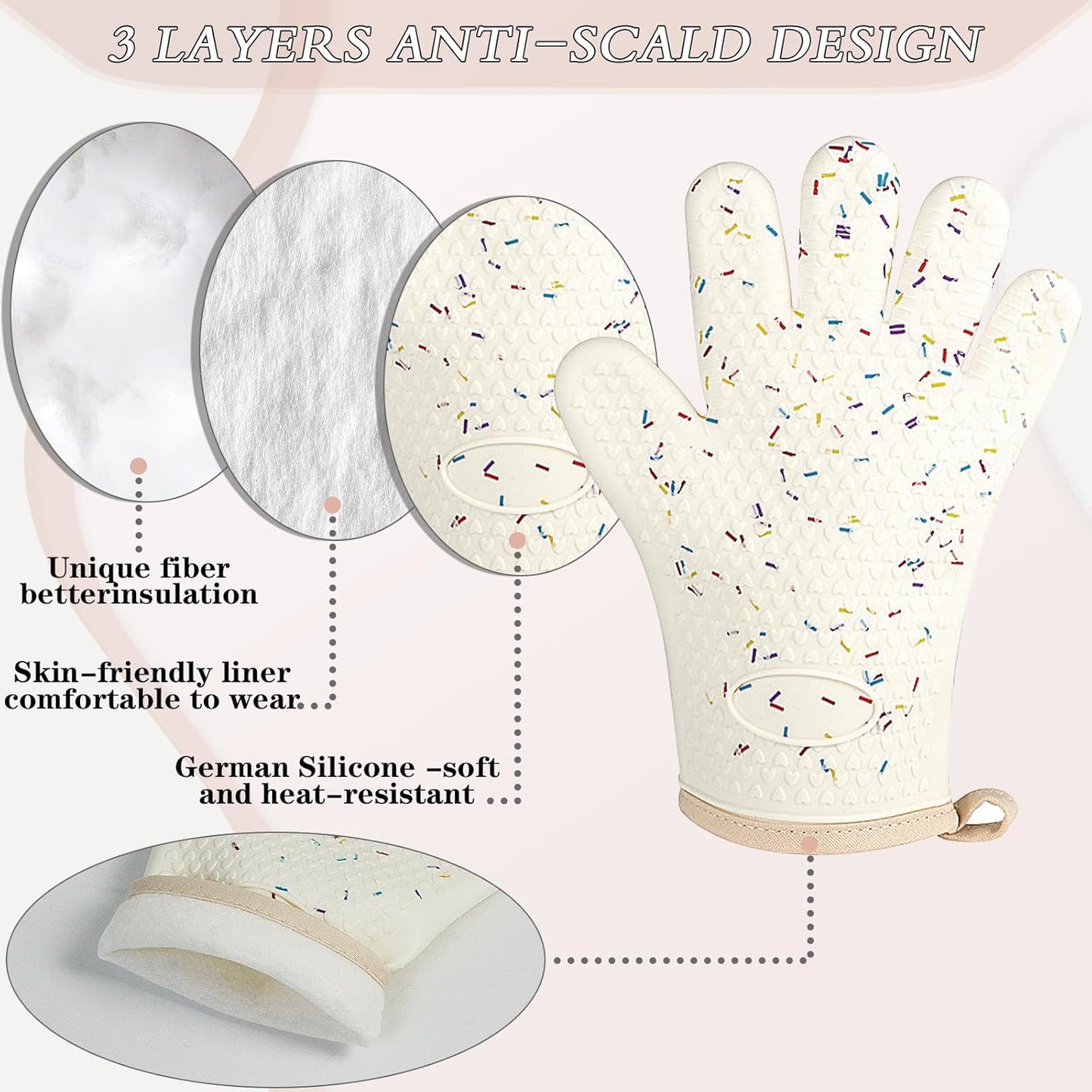 Oven Mitts with Fingers, Heat Resistant 500°F, Waterproof & Non-Slip Kitchen Gloves for Baking, Grilling, Cooking - 5-Finger Design with Soft Lining, Hanging Hook,Candy Bar