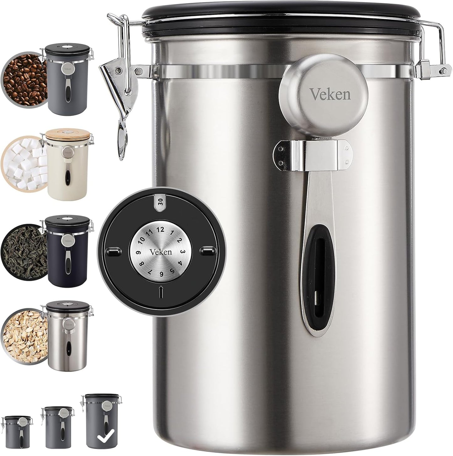 Veken Coffee Canister, 39OZ Large, Airtight Stainless Steel Food Storage Container for 2.2lbs Coffee Beans, Ground, Sugar, Tea, Flour, Rice, Cereal, Cookies Jars, Bar Accessories & Gifts, Silver