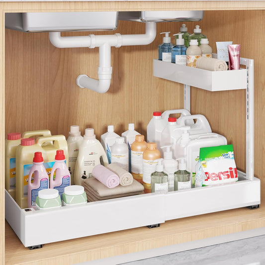 1-Pack L-Shape Expandable Under Sink Organizer with 3 Ball-Bearing Slide Rails,2-Tier Pull-Out Under Cabinet Storage Shelf for Kitchen & Bathroom,Height-Adjustable Slide-Out Cabinet Drawer-White