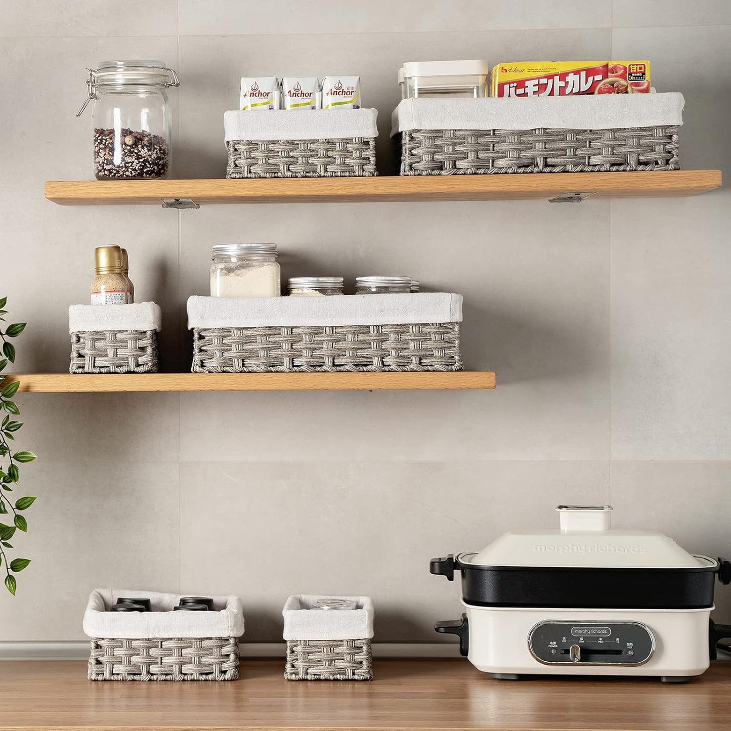 FairyHaus Wicker Baskets for Organizing 3 Pack, Waterproof Small Wicker Storage Basket for Shelves Rectangle, Nesting Lined Grey Plastic Woven Basket