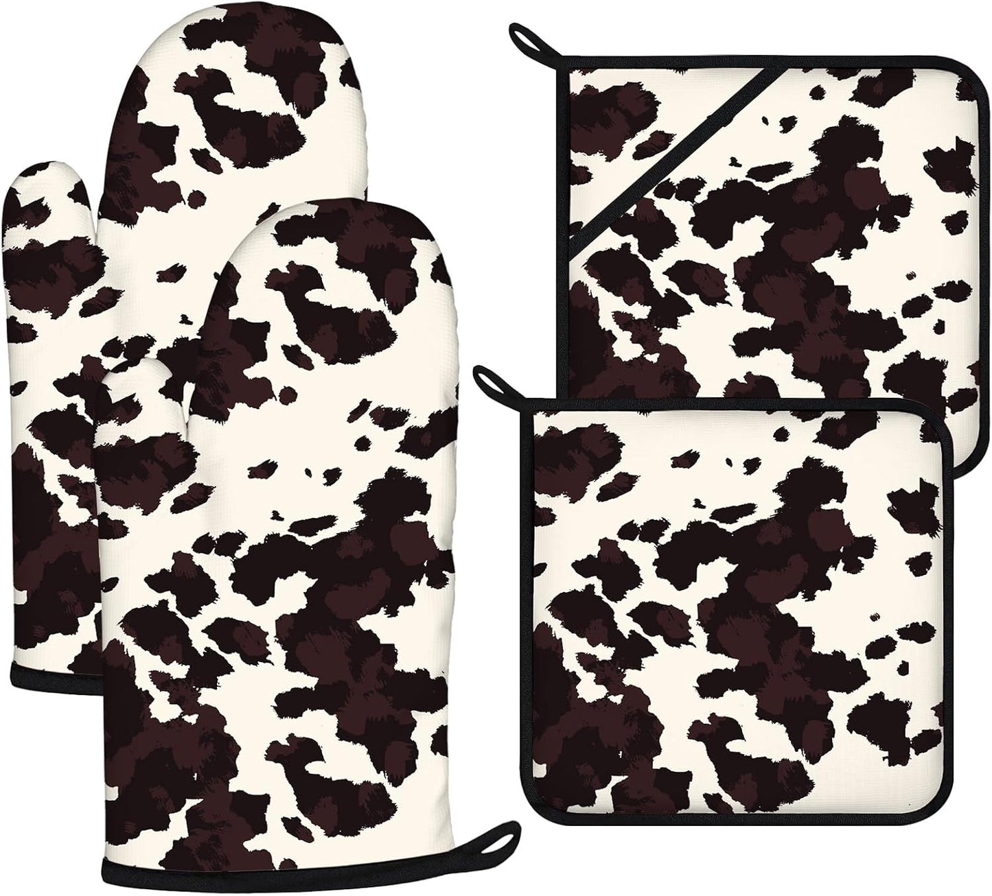 Black Cow Print Oven Mitts and Pot Holders Sets 4Pcs,Extra Long Oven Gloves Potholder for Kitchen Cooking Baking BBQ 100% Cotton Heat Resistant