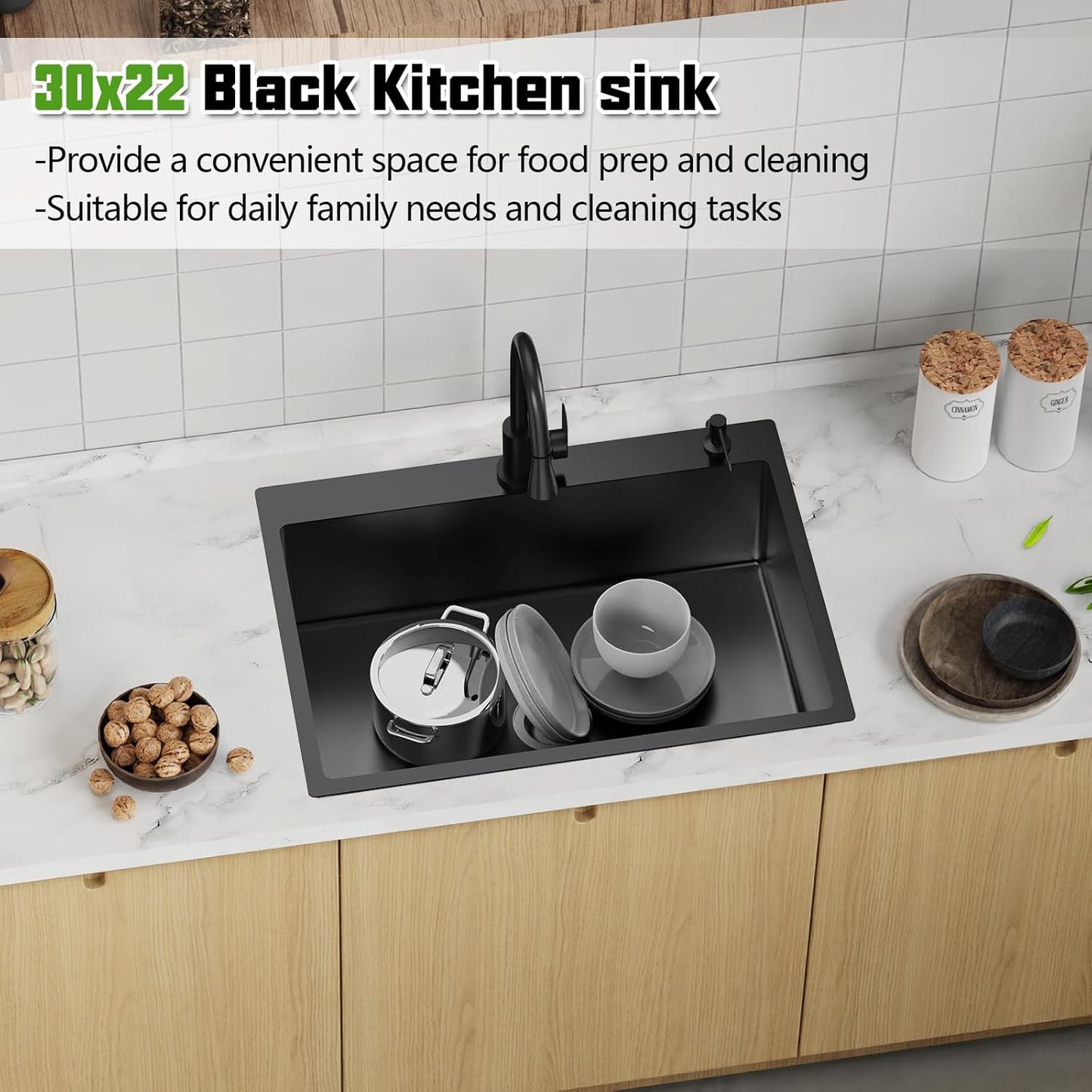 Black 30x22 Inch Stainless Steel Kitchen Sink - Drop In Modern Single Bowl Topmount Kitchen Sink With Silicon Mat,Drain Strainer Set Offering Large Basin Compatibility With Various Kitchen&Bar Style