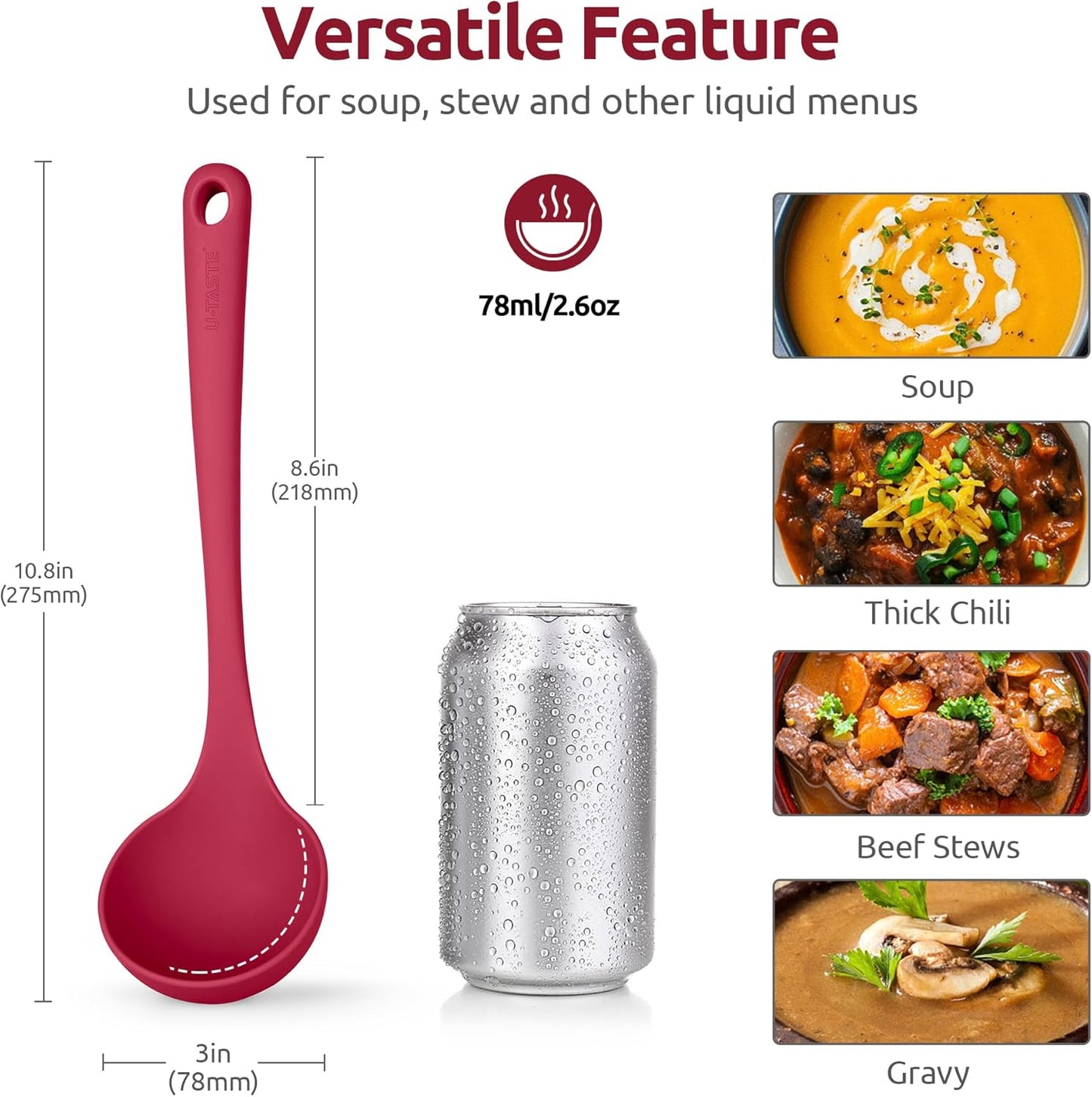 2.6oz Small Silicone Soup Ladle: U-Taste 600ºF Heat Resistant Non-Stick Kitchen Deep Serving Spoon, Soft Cooking Utensil with Non-Slip Solid Handle for Mixing Sauce Stew Gravy (11in, Red)
