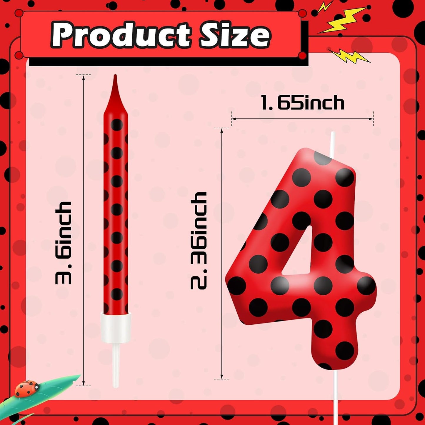 13PCS Ladybug Theme Birthday Candles Set - Red & Black Polka Dot Decorative Candles for Kids Ladybug Themed Parties, Baby Showers, Birthday Cakes, and Ladybird Inspired Celebrations(Number 4)