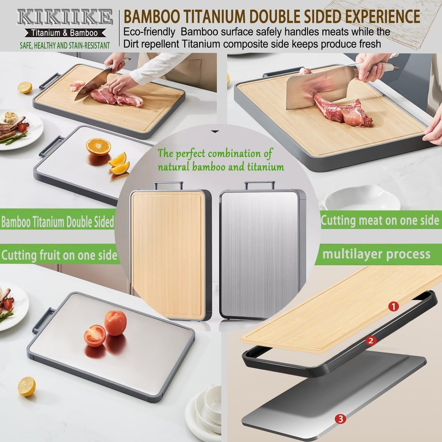 Titanium Cutting Board Double Sided Bamboo Cutting Board for Kitchen Double Sided Food Grade, Pure titanium & Bamboo Cutting Boards, Non-Stick Durable and easy to clean