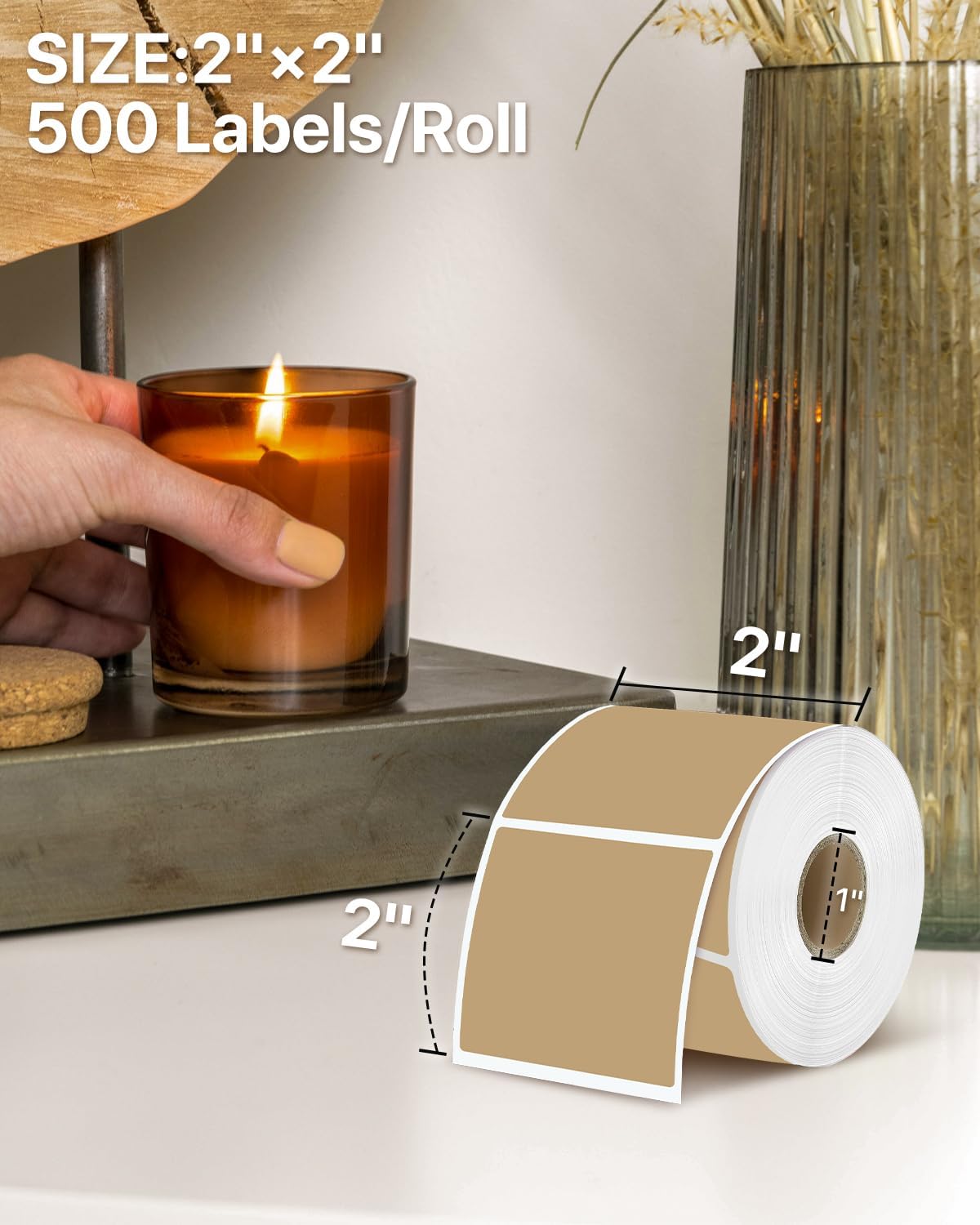 iEager Brown Square Thermal Label Stickers, 2"x2" Self-Adhesive Square Direct Thermal Labels with Perforation Line, 500 Sheets/Roll