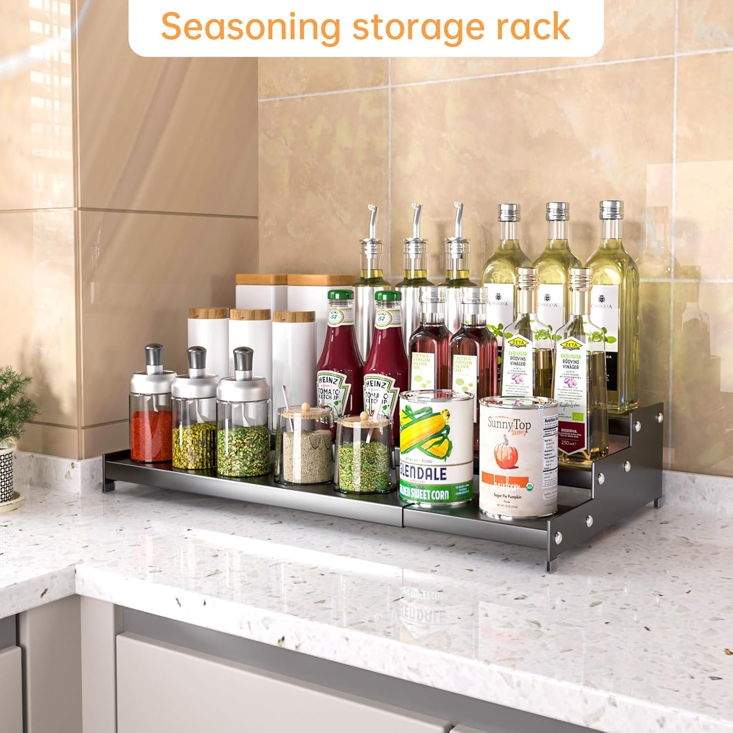 Premium Spice Rack Organizer for Countertops - 3-tier space-saving kitchen organizer for spice jars, oil bottles and utensils 2 Packs Grey (modern rust-resistant design)