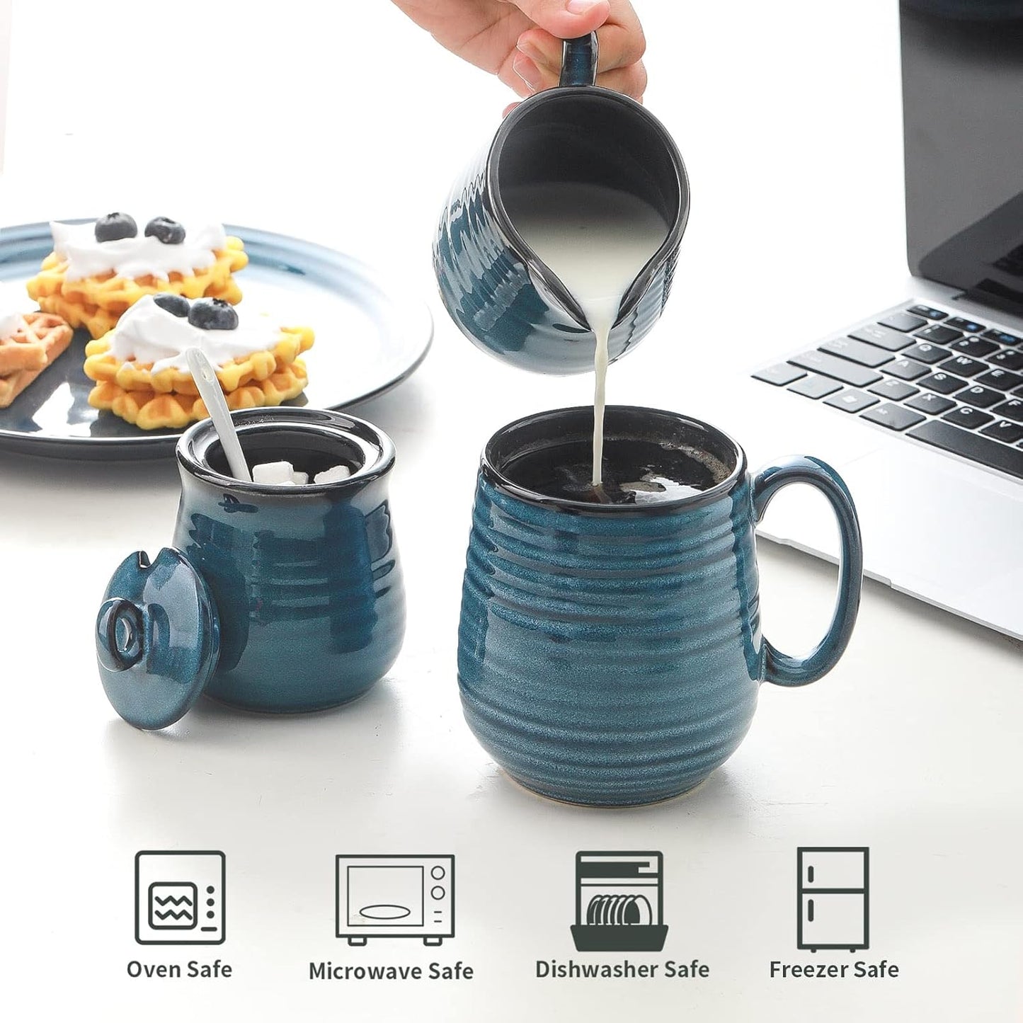 Hasense Porcelain Sugar and Creamer Set,11 Ounce Sugar Bowl with Lid and Spoon,10 Ounce Cream Pitcher,Farmhouse Coffee Sets for Serving,Dishwasher Safe(Blue)