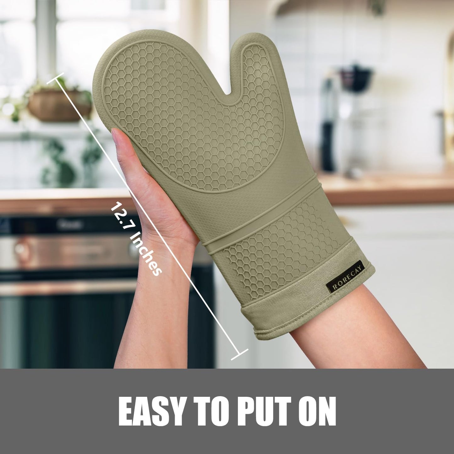 Rorecay 6pcs Oven Mitts and Pot Holders Sets Heat Resistant 500 Degrees, Extra Long Silicone Oven Gloves Non-Slip Potholders Hot Pads for Kitchen Baking Cooking, Quilted Liner, Martini Olive