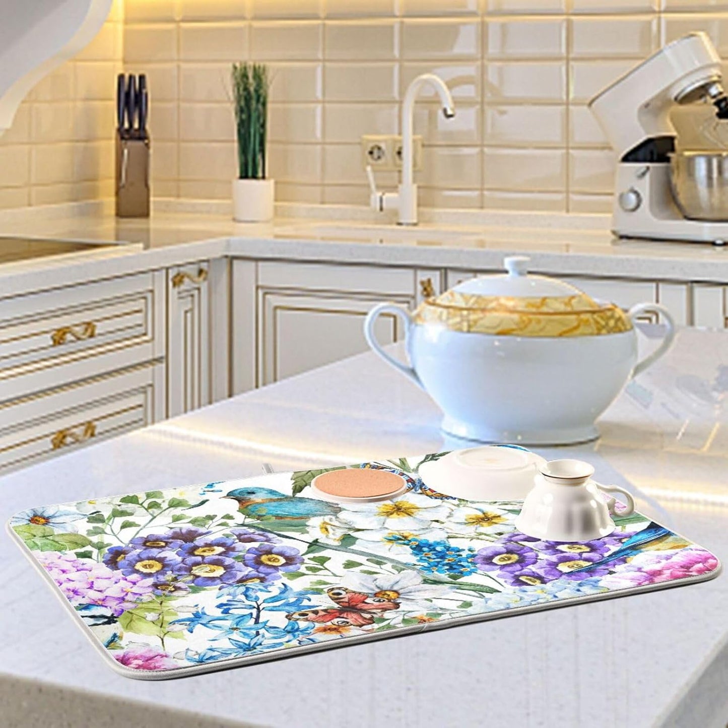 Flowers Birds Butterflies Dish Drying Mat for Kitchen Counter Absorbent Microfiber Drying Pad, Medium 16x18 in, Reversible Drainer Mats