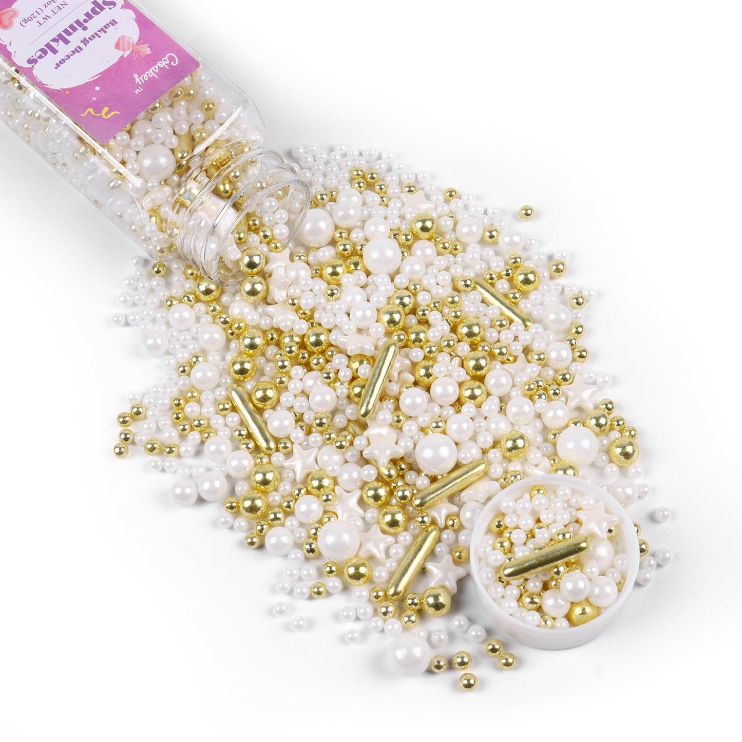White Deluxe Gold Sprinkles for Cake Decorating 4.23ounce - Sugar Mix Contains Star & Pearl Sprinkles for Cupcake Toppers, Ice Cream, Candy, Cookie Decorations - Holiday Party Supplies