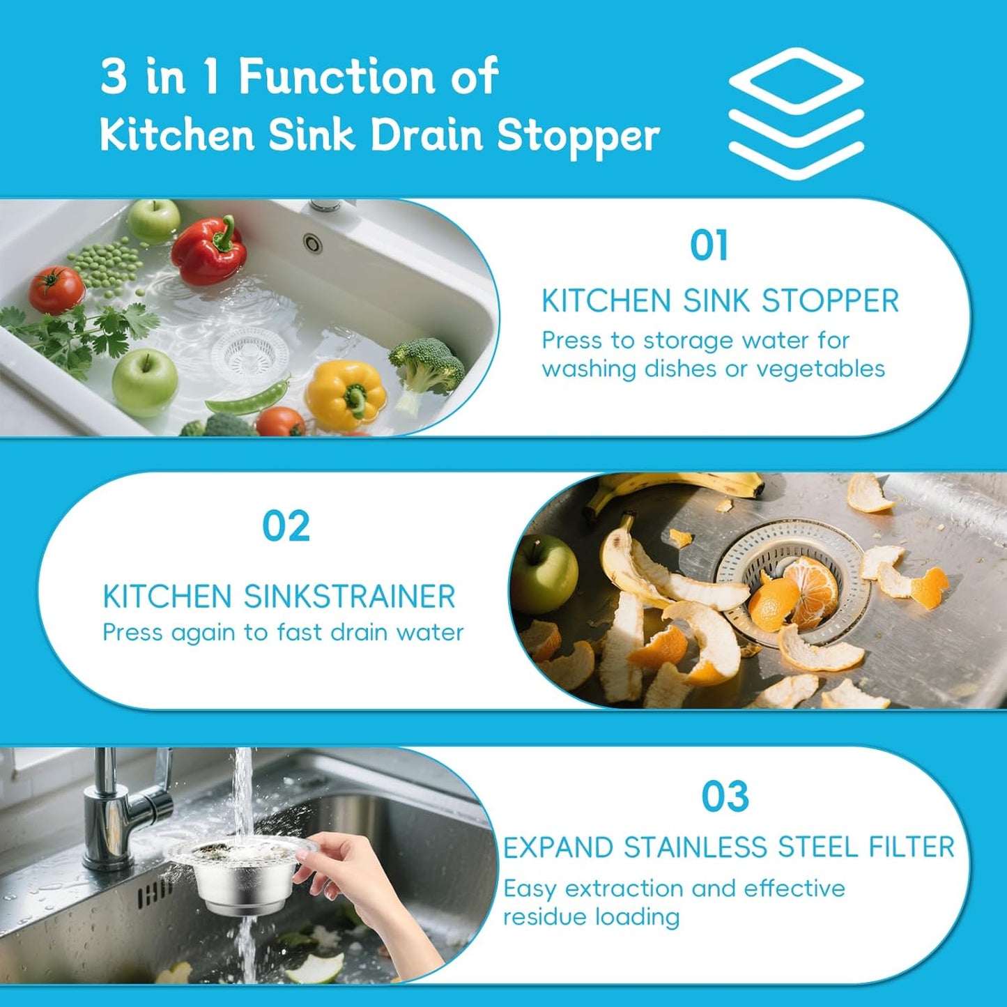 3 in 1 Kitchen Sink Drain Strainer, Upgraded Pop Up Kitchen Sink Stopper with Enlarged 304 Stainless Steel Anti-Clogging Food Catcher Basket Strainer, Fit US Standard 3-1/2'' Kitchen Sink Drain Hole