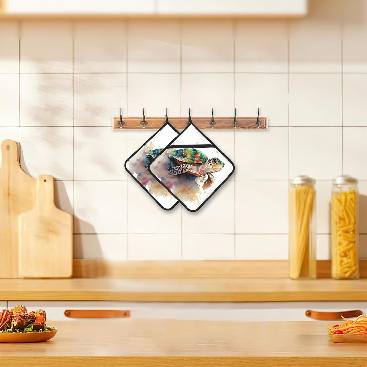 2PCS Turtle Watercolour Pot Holder with Loop,Heat Resistant Oven Pads,Hot Pat for Kitchen Cooking Baking Food