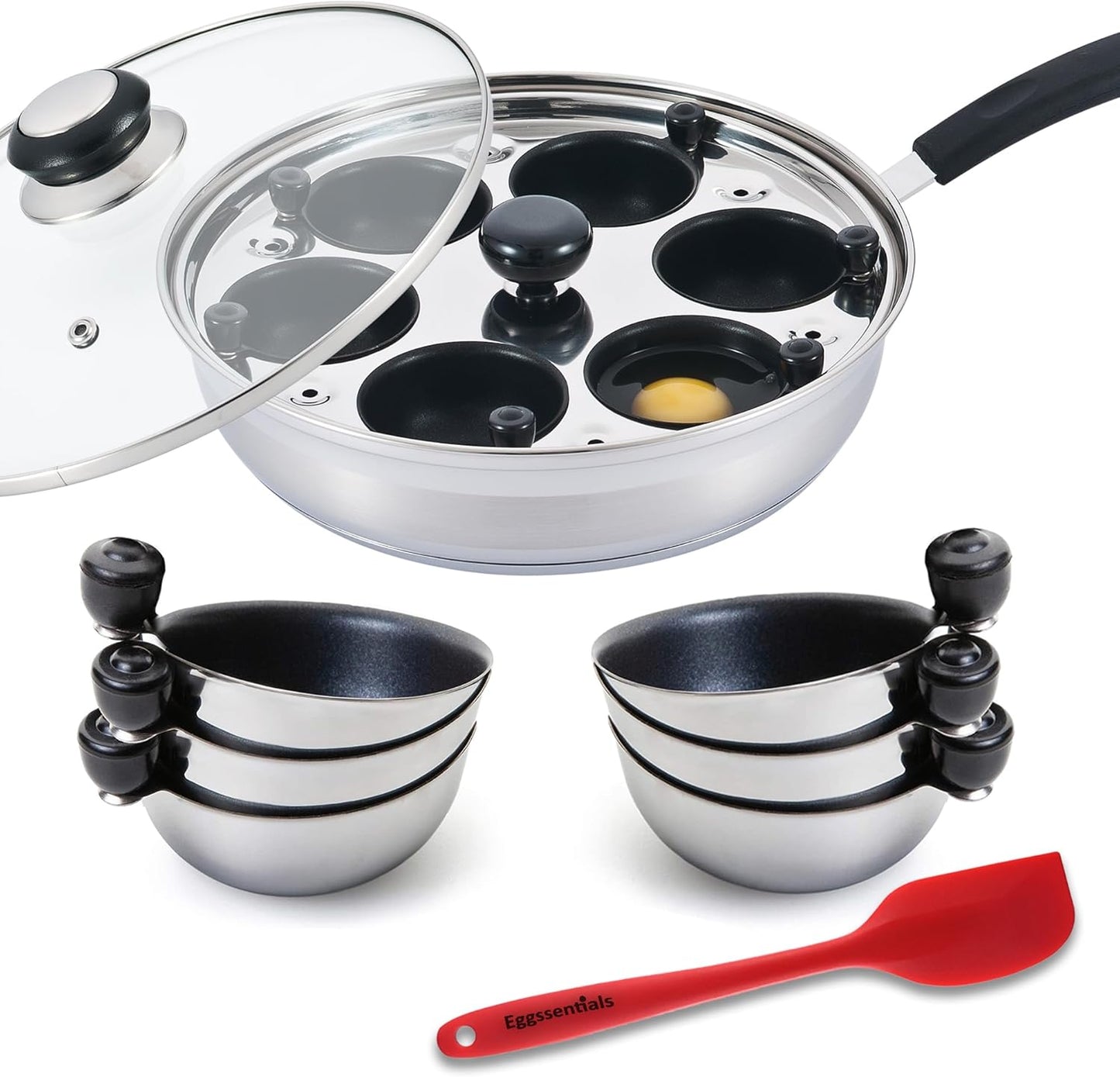 Eggssentials Poached Egg Maker Stainless Steel Egg Poacher Pan Food Grade Safe PFOA Free with Spatula
