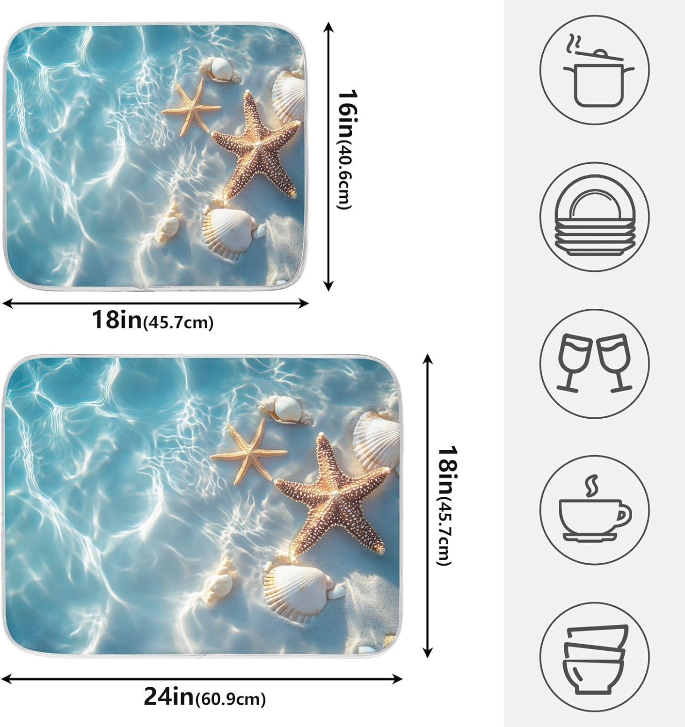 Starfish and Seashell on The Summer Beach Dish Drying Mat for Kitchen Counter Absorbent Microfiber Large Drying Pad Dish mats for Kitchen Countertops 18 x 24 Inch