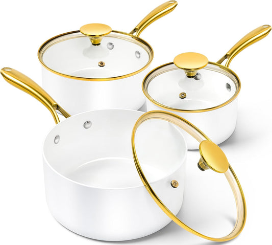 MICHELANGELO Sauce Pan with Lid, Nonstick Ceramic Saucepan Set-1Qt & 2Qt & 3Qt, Small Pots with Ergonomic Handle, Sauce Pans Sets Oven Safe, White