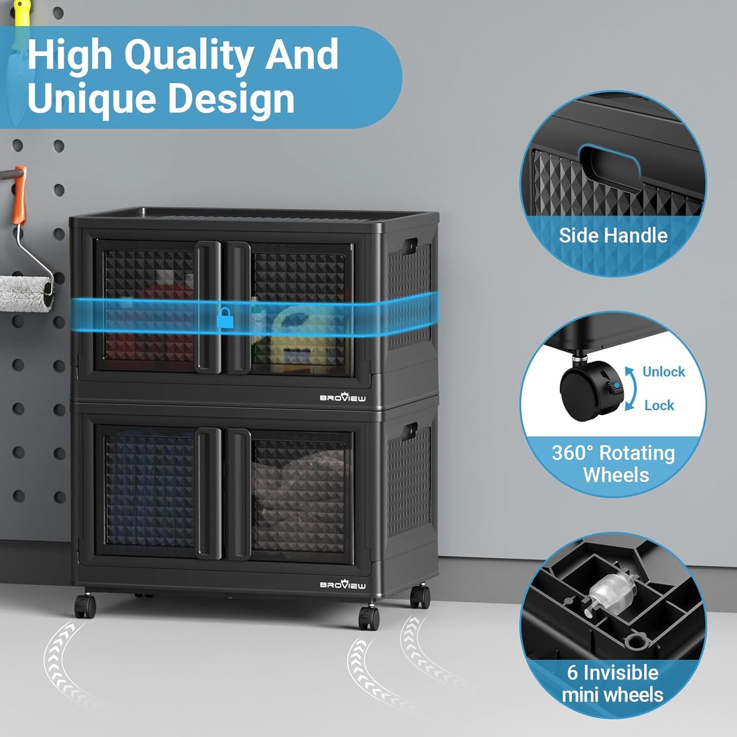 400Qt Stackable Storage Bins with Lids, 100Gal Closet Organizers and Storage Drawer, Plastic Collapsible Storage Bins with Doors, Heavy Duty Store Box Cabinet for Home Office, 4Pack Black