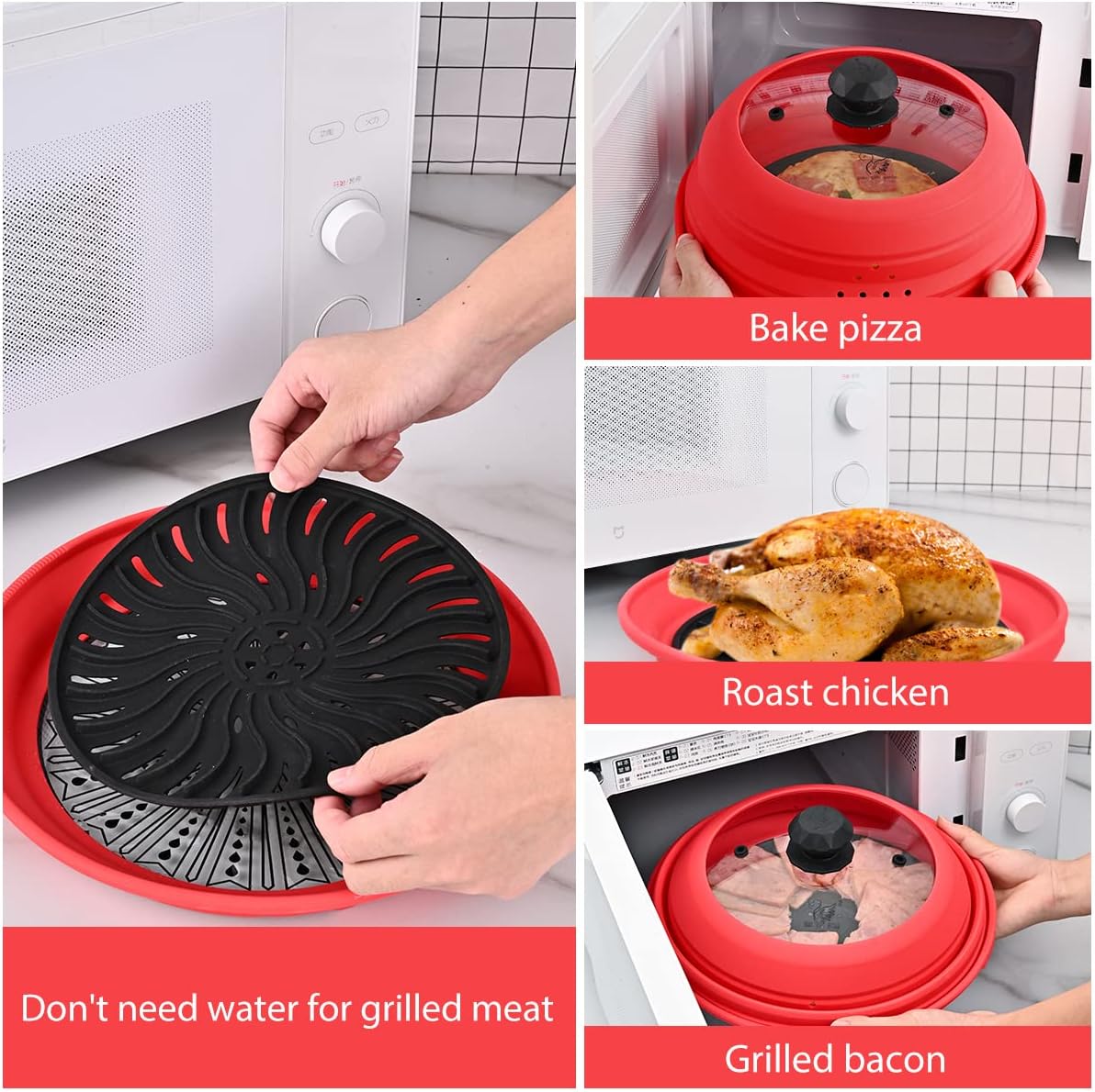 Microwave Splatter Silicone Cover Collapsible, Vented Multifunction Splash Lid with Glass Dish Bowl Plate for Food Cooking Bacon Maker, Dishwasher Safe BPA-Free 10.5 inch Cookware Set with Gloves
