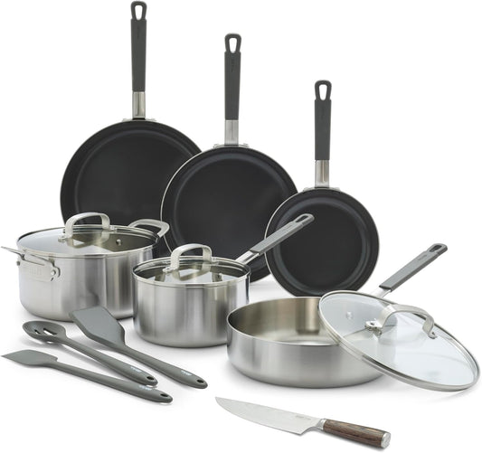 GreenPan x Bobby Flay Stainless Steel 12 Piece Cookware Pots and Pans Set and 8" Chef's Knife, Professional Grade Tri Ply, PFAS-Free Ceramic Nonstick, Induction Suitable, Dishwasher & Oven Safe