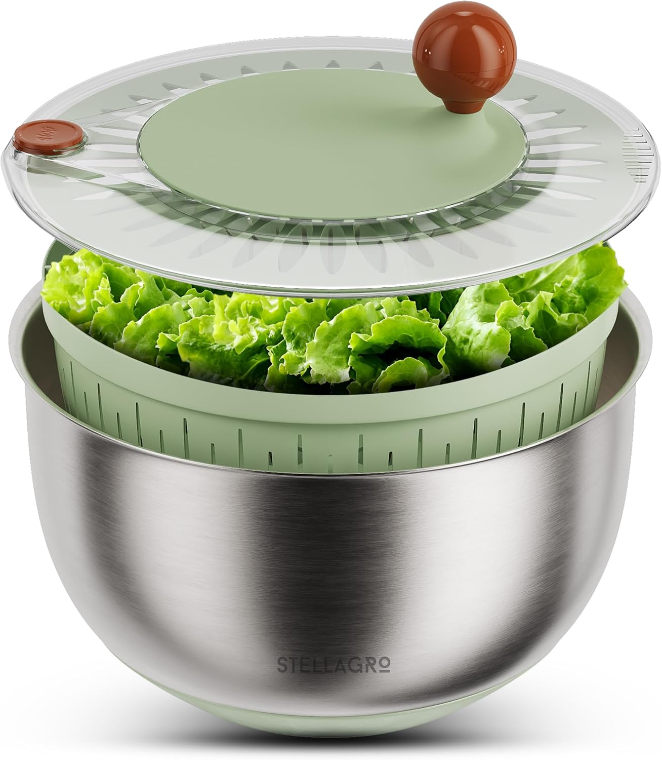 Stainless Steel Salad Spinner Large - Fruit and Vegetable Wash Bowl with Strainer - Lettuce Spinner, Fruit Cleaner, Collapsible Salad Dryer 5.3 Quart Capacity